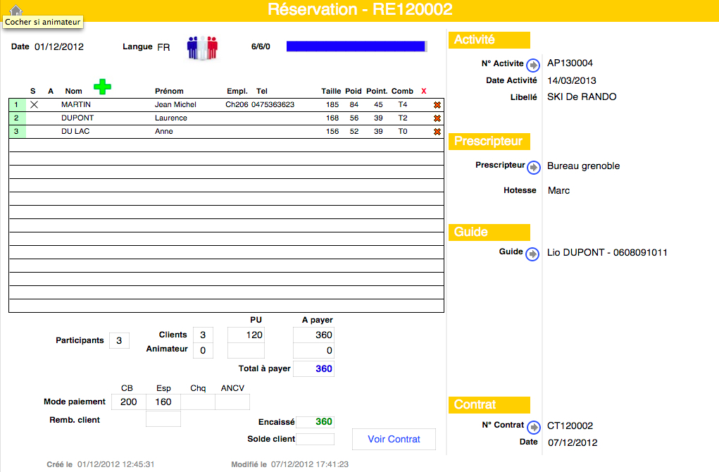 La fiche réservation