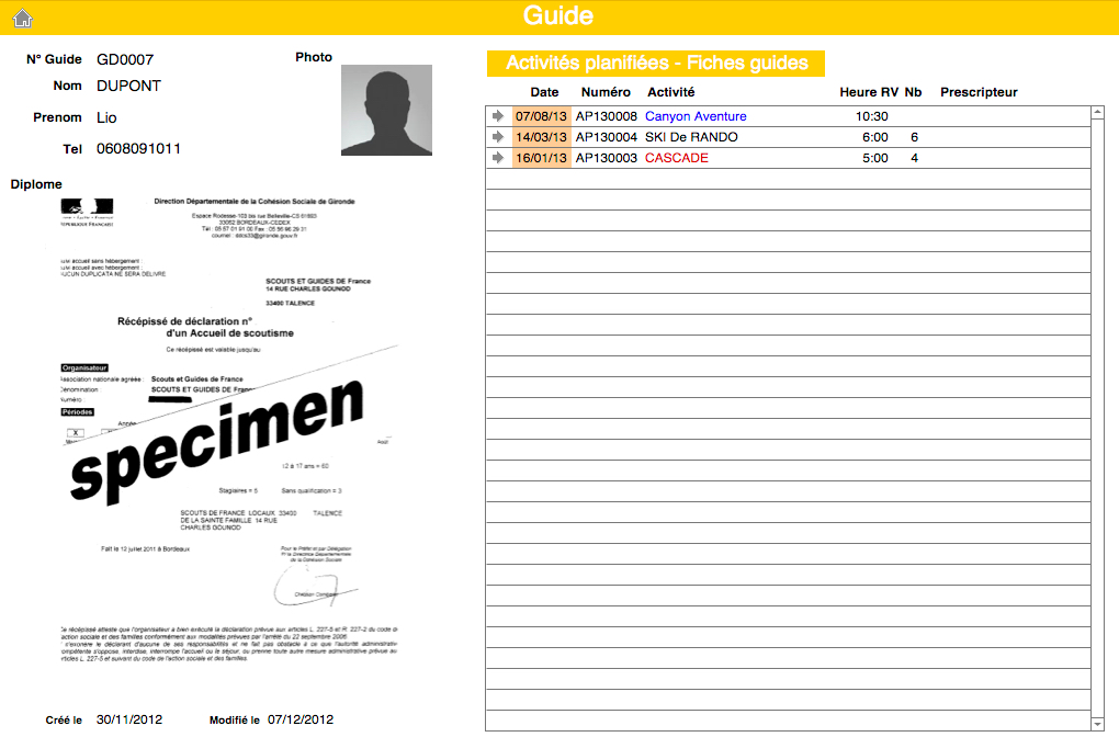 Fiche d'information du guide. 
Son planning d'activités planifiées